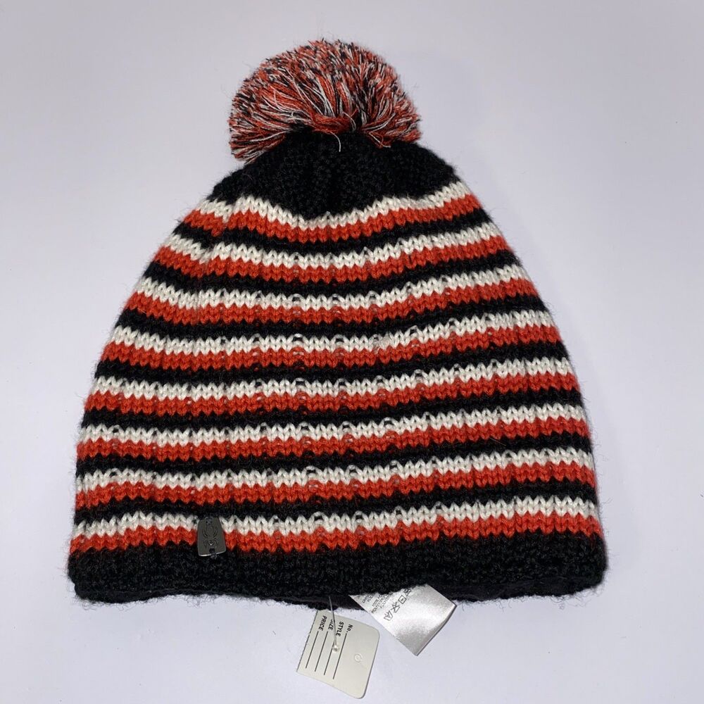 Spyder Beanie Hat Black Red White Pom Pom Fleece Lined Wool Blend One Size